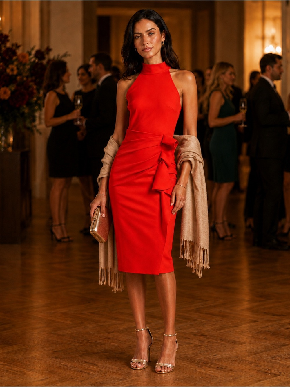CHIARA BONI LA PETITE ROBE HALTER RUFFLE MIDI RED ORANGE COCKTAIL DRESS 48 / 12